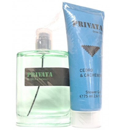 PRIVATA VETIVER & PACHULI EDT 75 ml SPRAY + GEL CEDRO & CACHEMIR 75 ml SIN CAJA